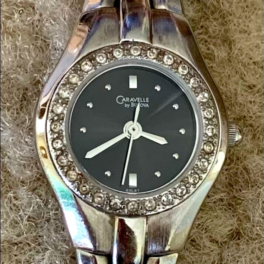 Bulova Silver Ladies Caravelle Black Dial Crystal Bezel Water Resistant Watch